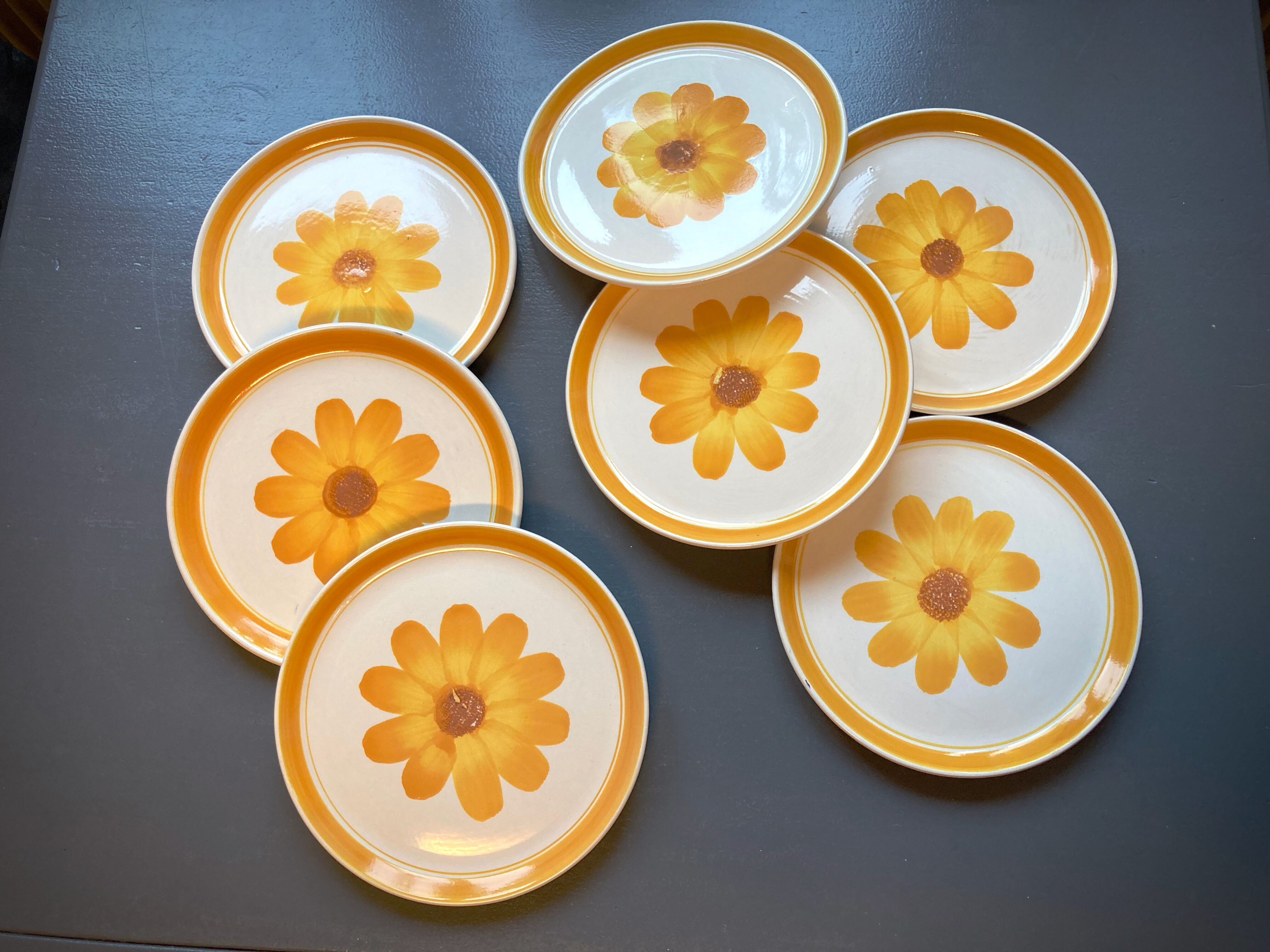 Seven vintage flower power plates
