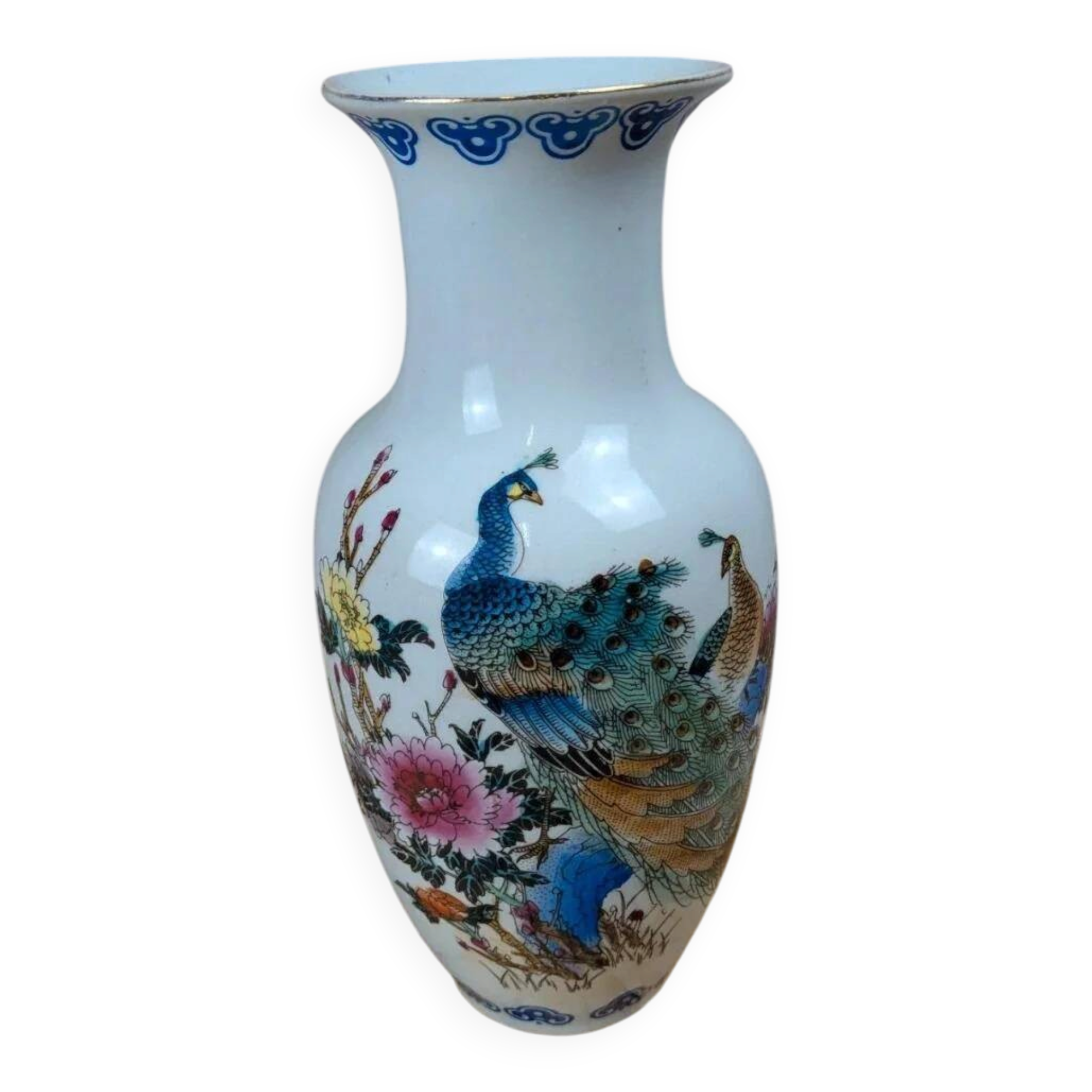 Asian vase decorated with peacock in porcelain