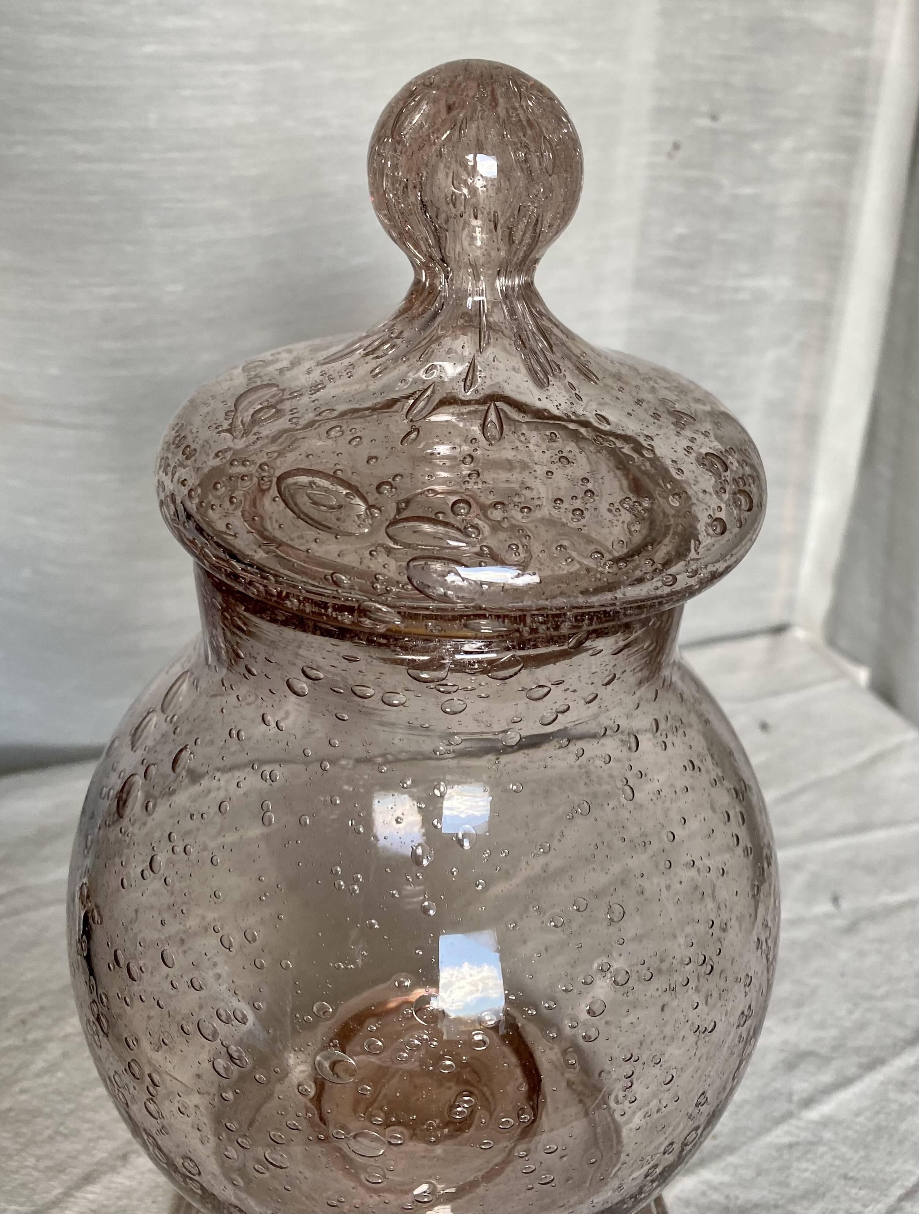 Lilac bubble glass jar with lid, signed Biot, vintage 1960-70