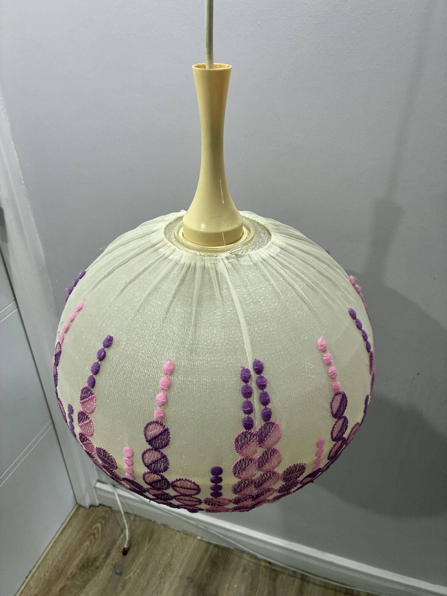 Høyrup Plast Danish pendant lamp, embroidered floral shade, 1960s