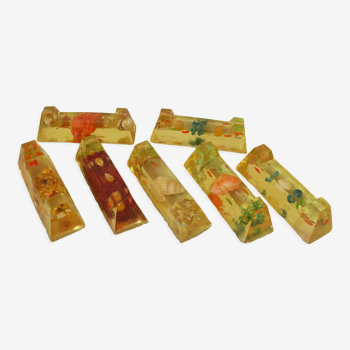 Set of 7 old knife rests 1970s resin inlays