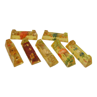 Set of 7 old knife rests 1970s resin inlays