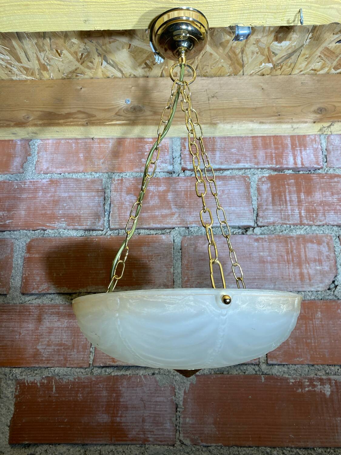 Antique Pendant Light Dome Molded Glass + Vintage Gold Metal