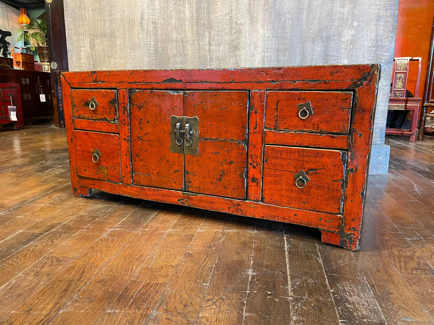 Chinese antique low cabinet 4 drawers + 2 doors