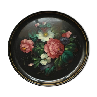 Tray style Bohemian vintage metal 1970, floral handpainted, original Russia.