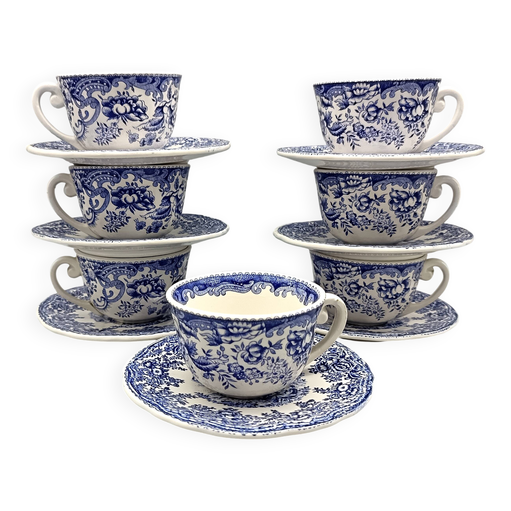 7 tasses à café avec soucoupes vintage, fabriquées par kg luneville france