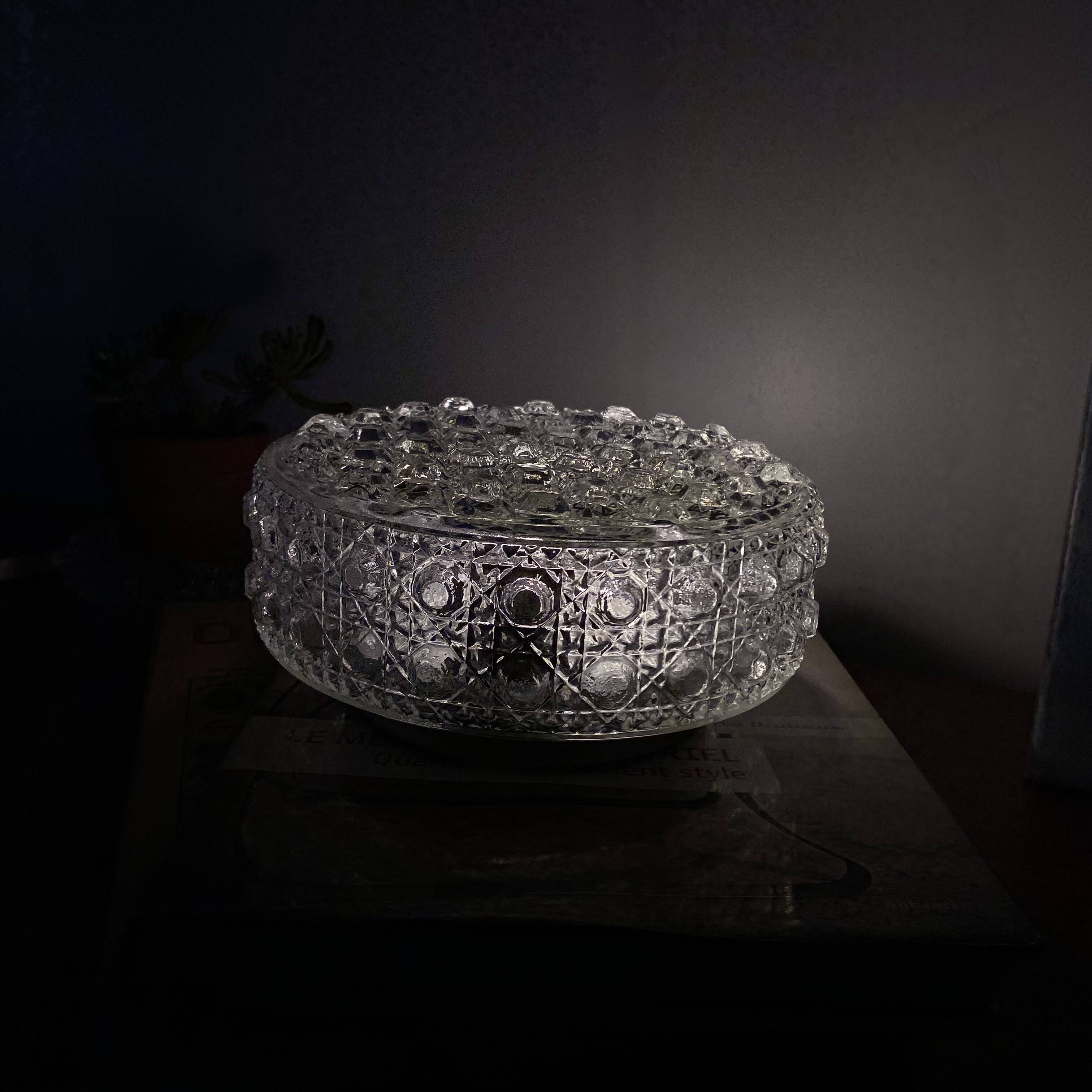 Round wall light ceiling fixture in glass with diamond points vintage 1970s