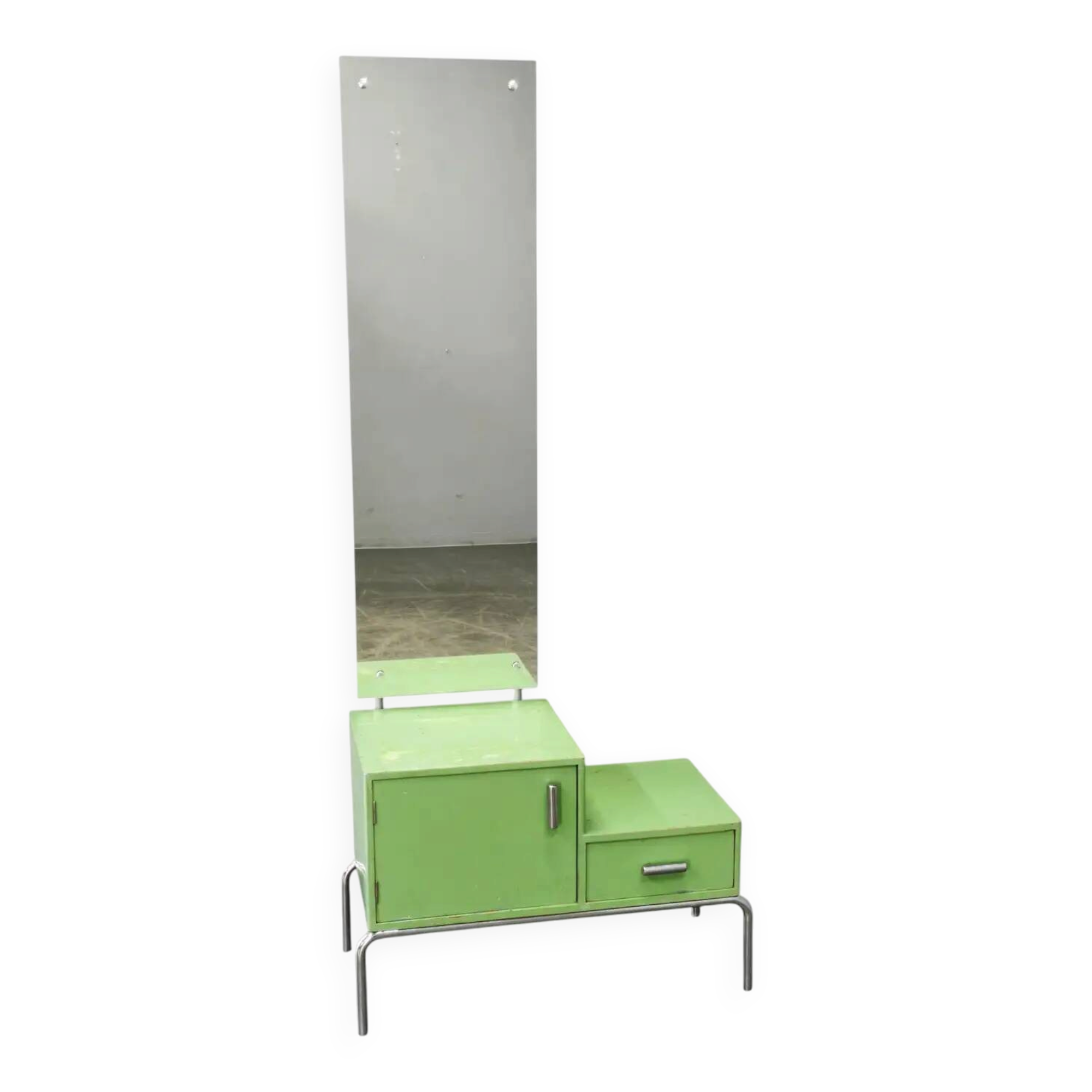 Bauhaus Czech Green Vanity Table with Mirror and Chrome Frame, 1930s