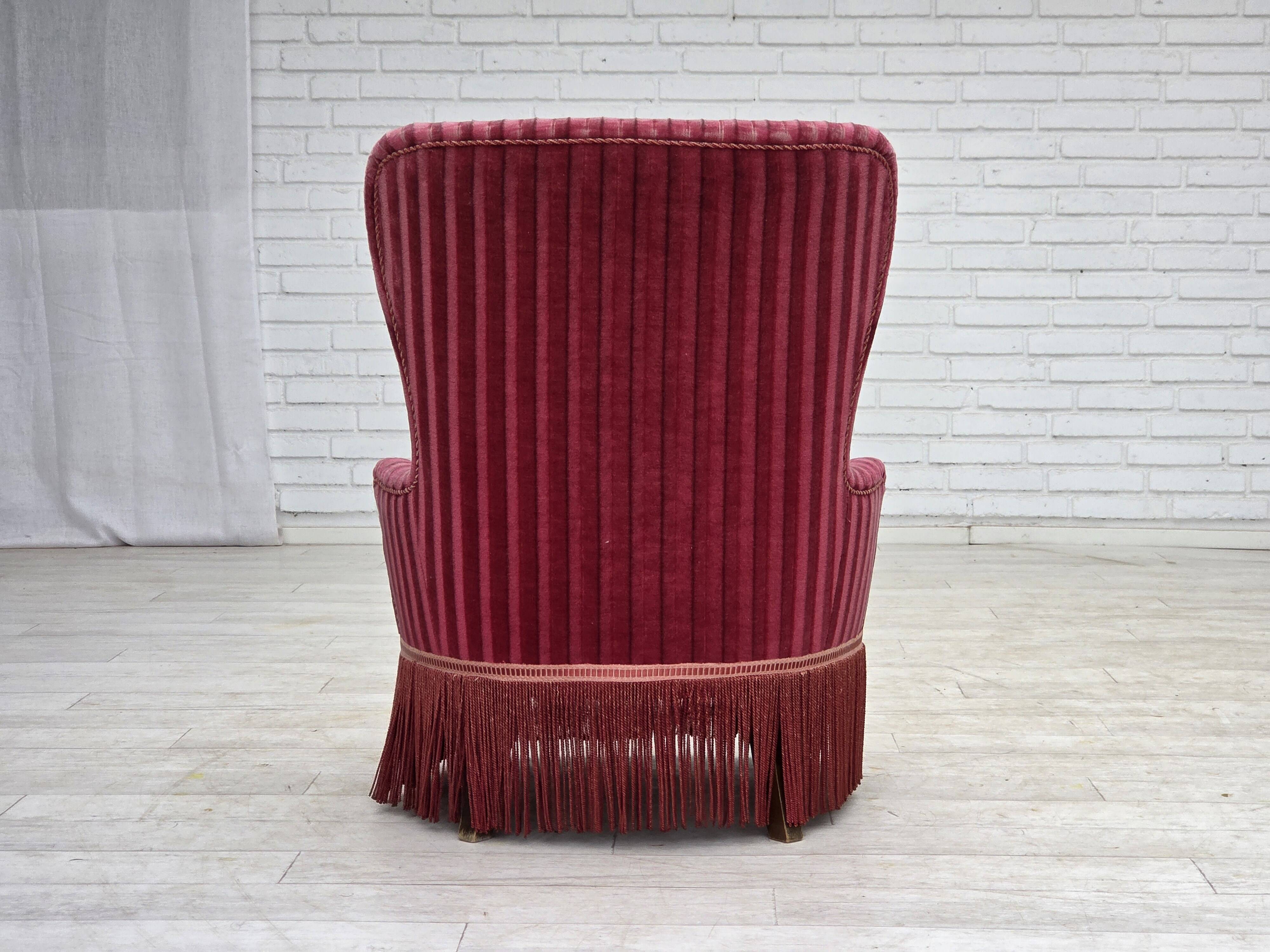 1960s, Danish armchair, original striped red furniture velour.