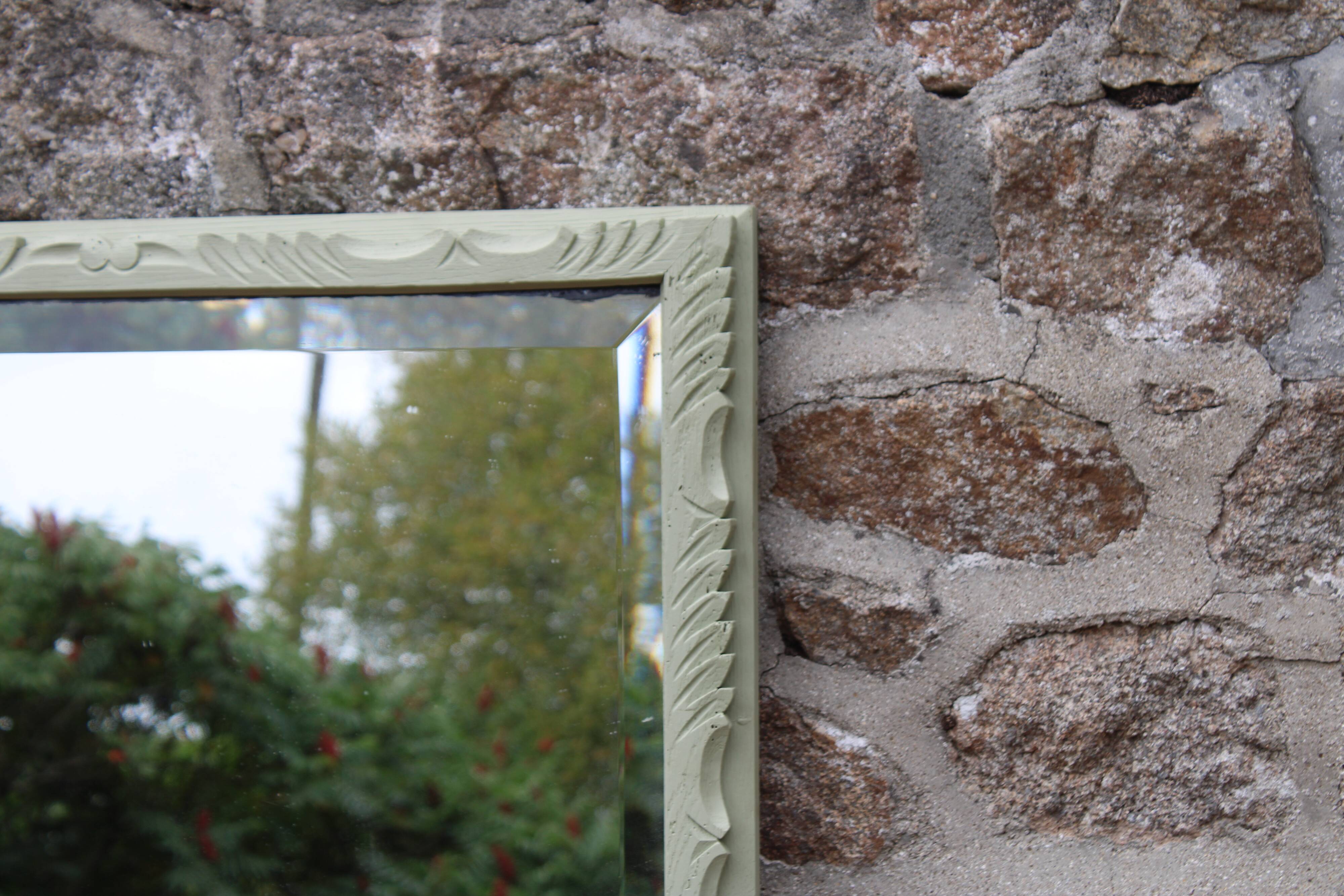 Large antique bevelled mirror in carved solid wood, green lizard – 129 × 75