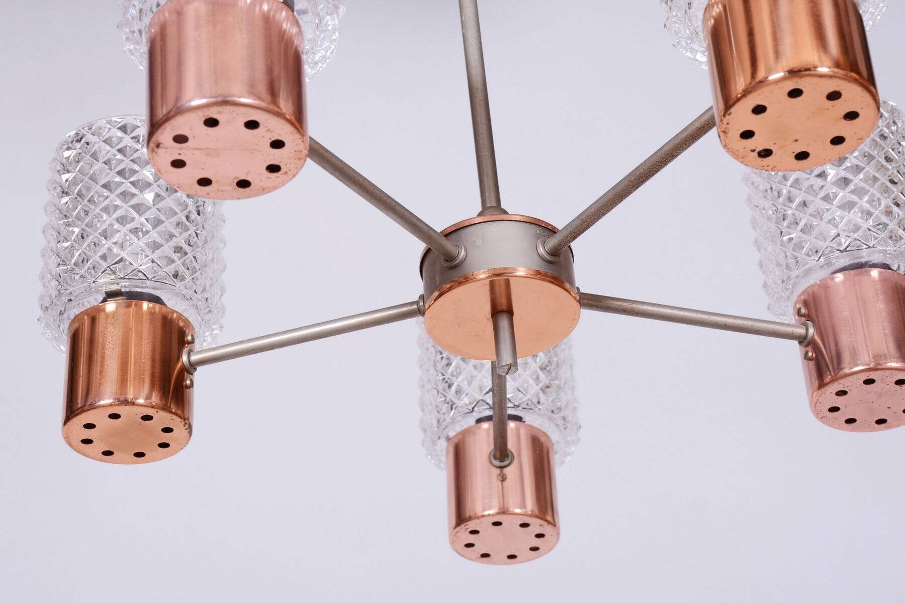 Mid-Century Chandelier in Chrome, Steel, Copper and Glass, Czech, 1960s