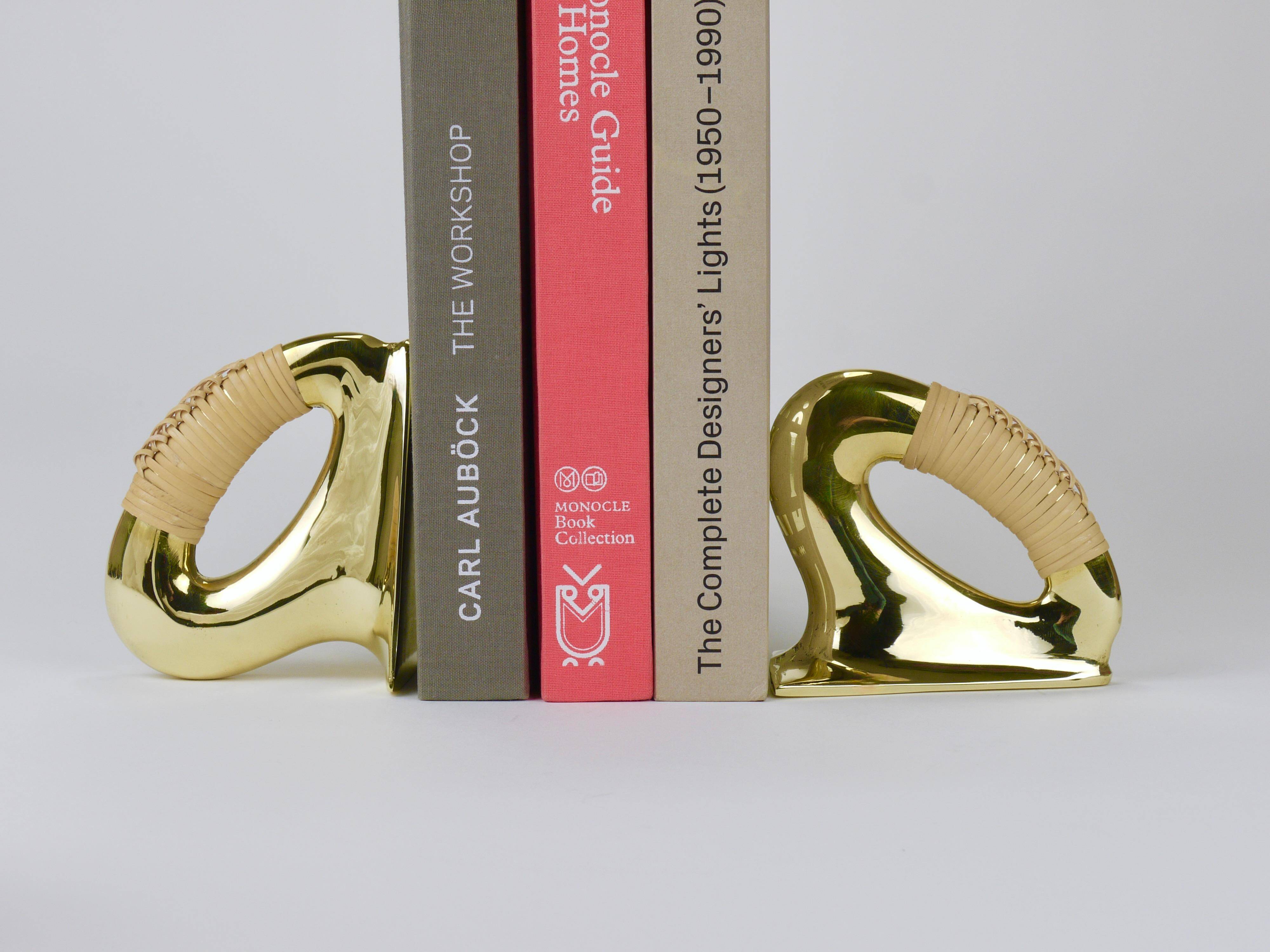 Pair of Carl Auböck Flat Iron bookends in brass and rattan #3530, Vienna, Austria
