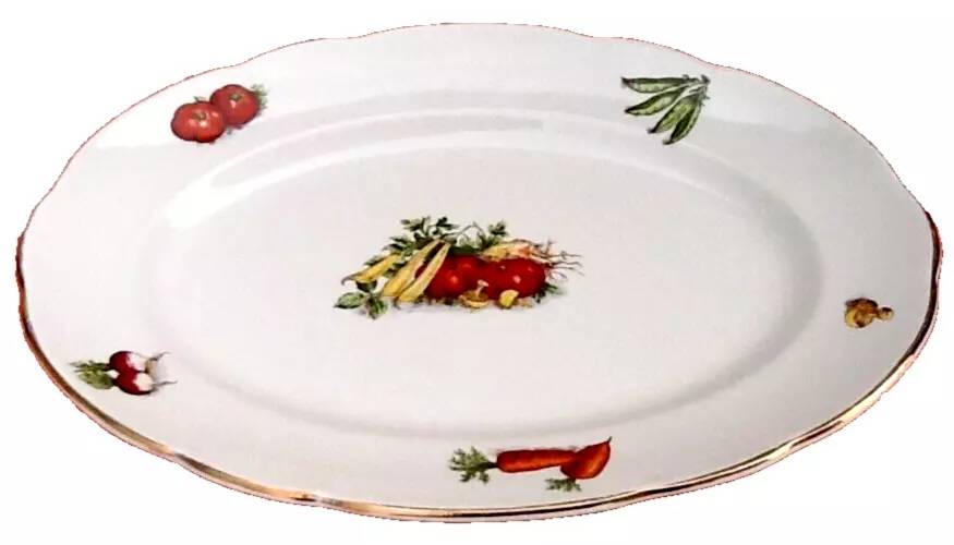 1950s Oval Earthenware Serving Platter with Vegetable Decor