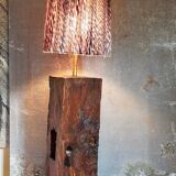 Brutalist lamp Art-populaire in solid wood, wool lampshade