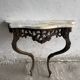 Victorian half-moon console table in brown metal with white veined marble top