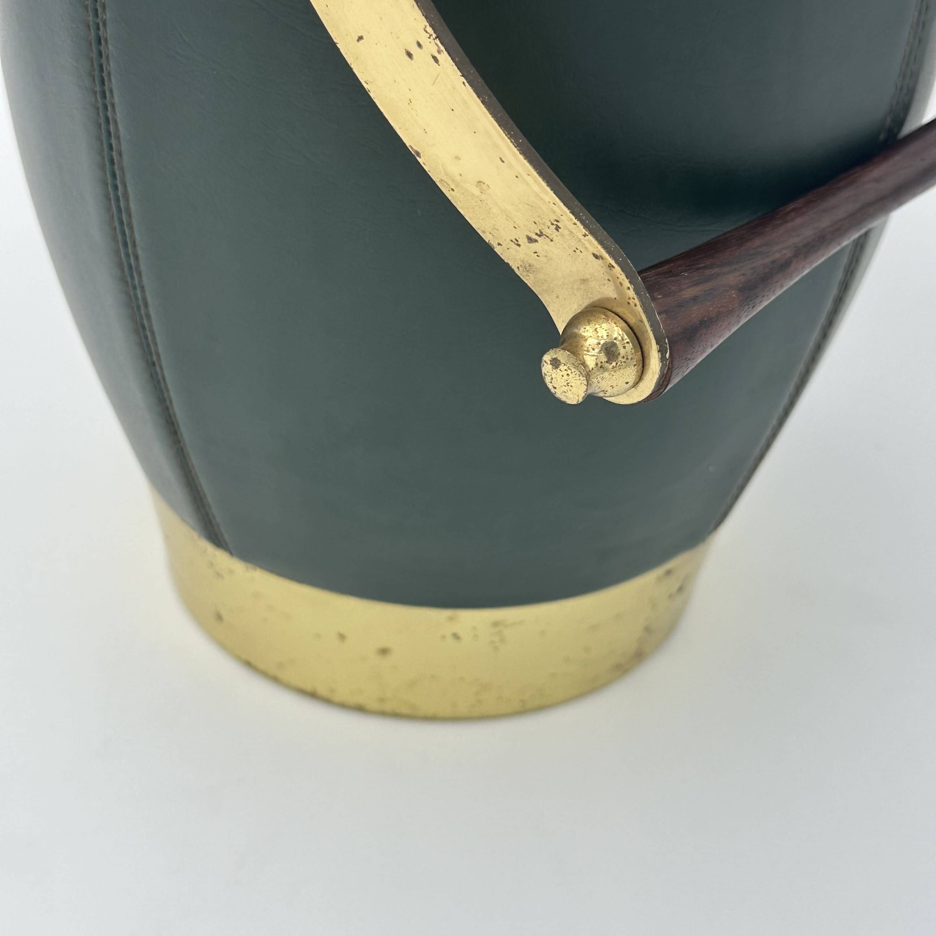 Green Leather and Brass Curved Handle Ice Bucket. Italian Work. V