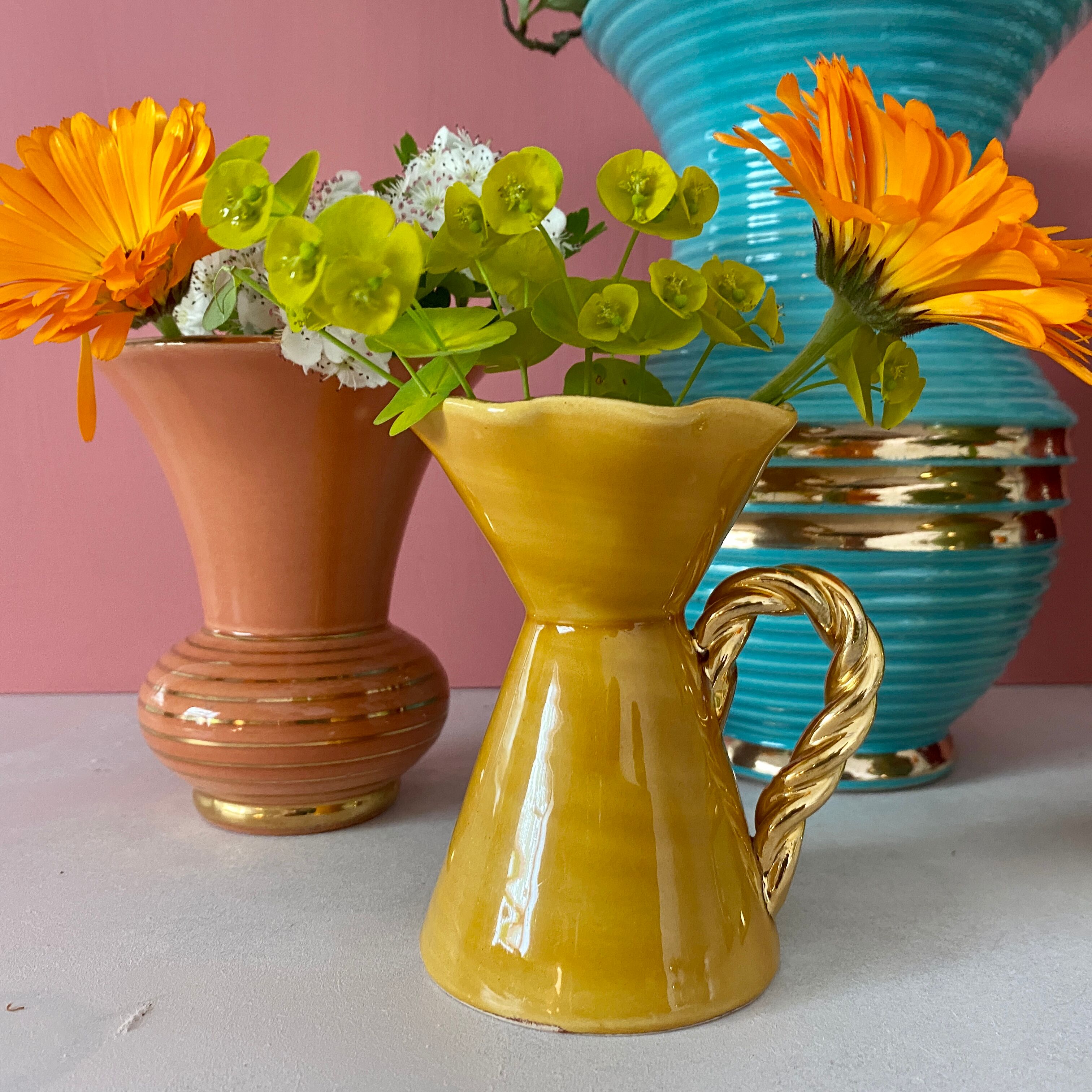 Vintage art deco vase in pink and gold ceramic