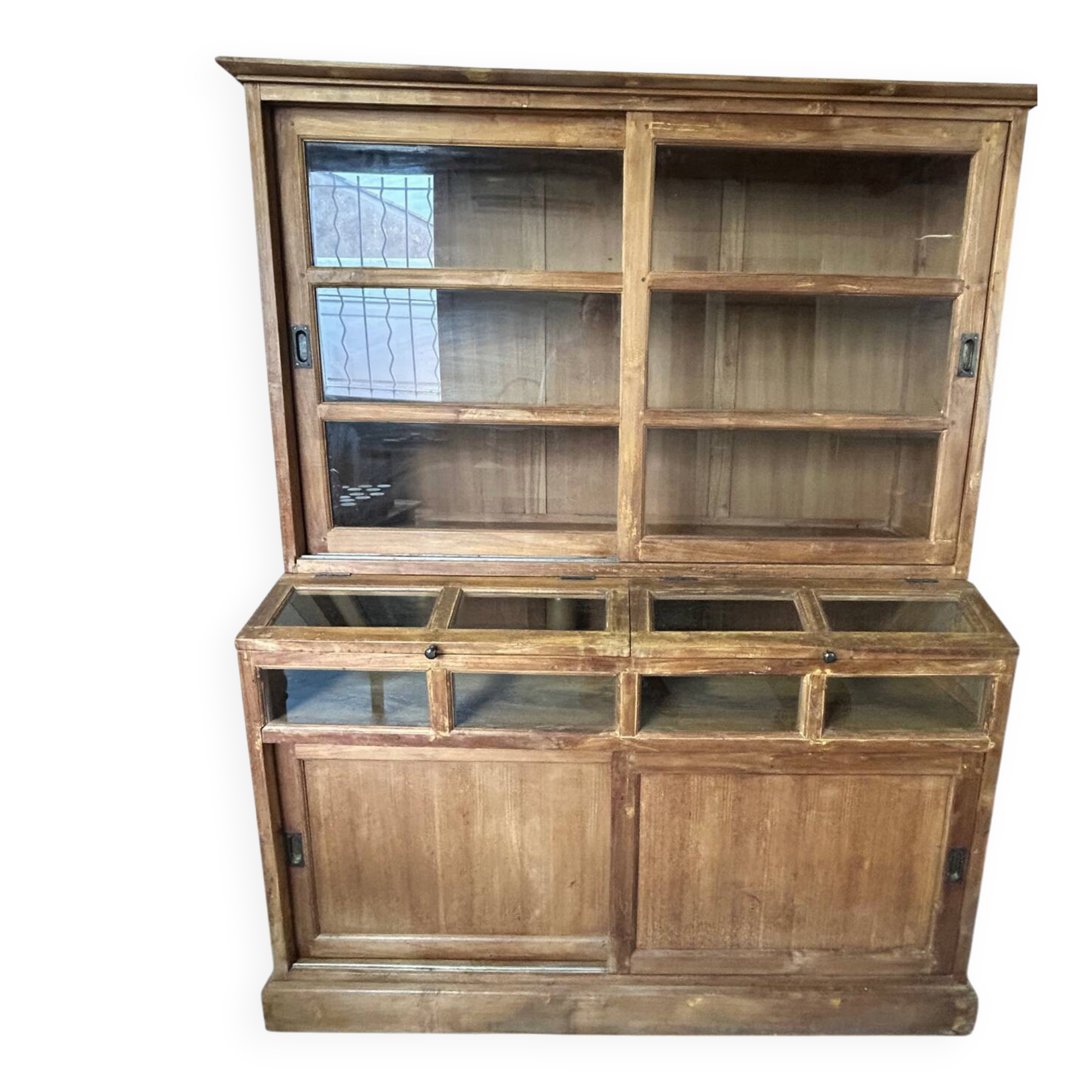 Large antique glass-fronted cabinet made of solid wood – Late 19th century