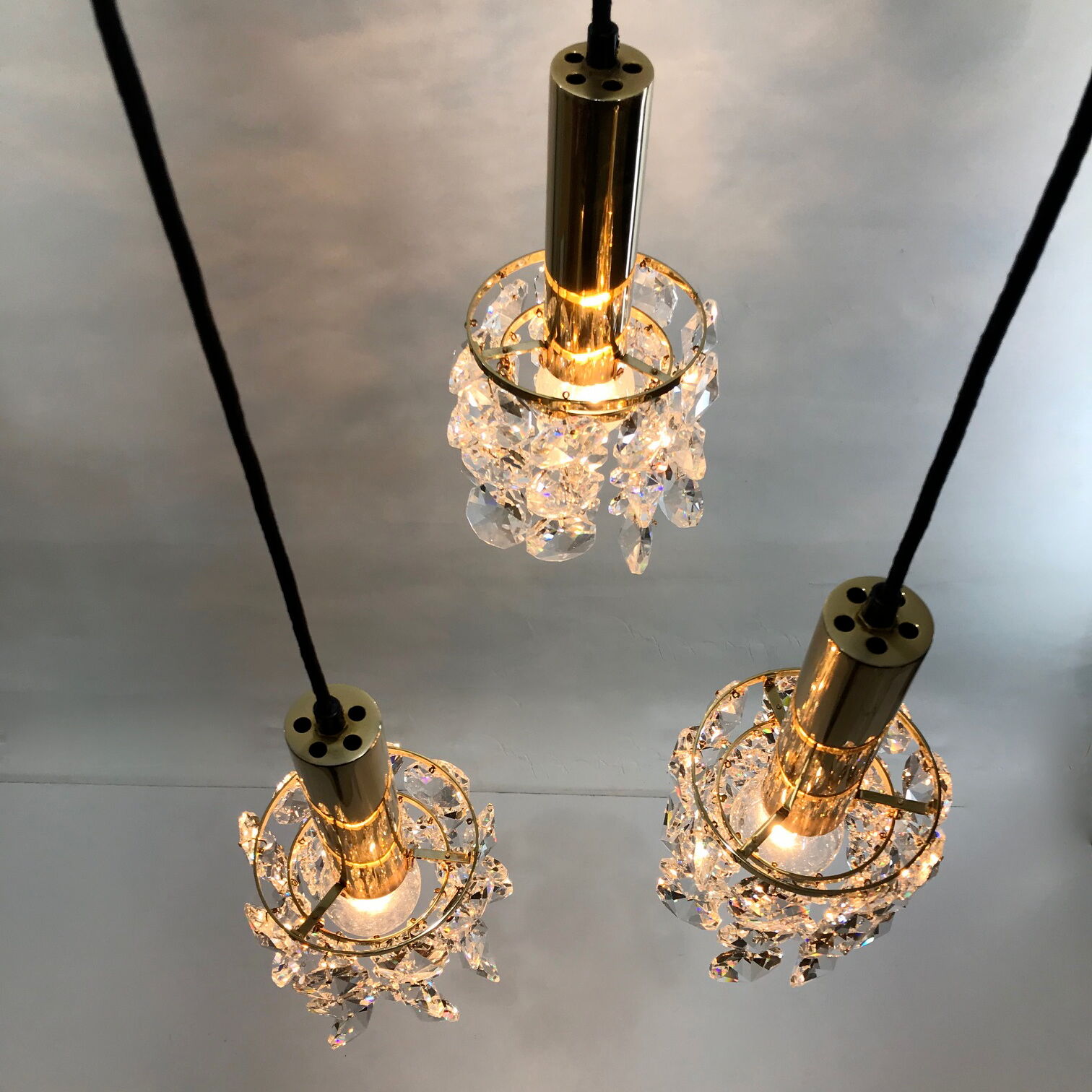 Palwa Golden brass and crystal chandelier, 1960 design