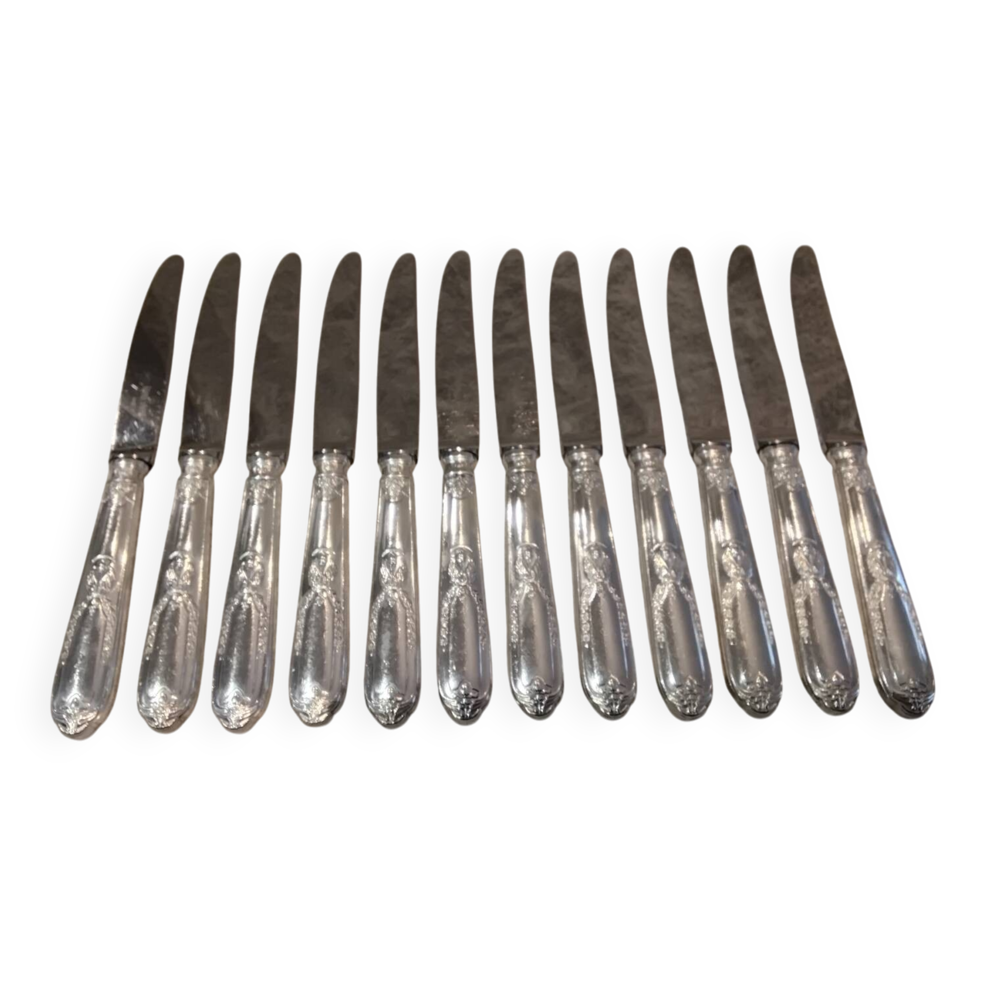 12 silver-plated metal table knives by the silversmith Ravinet Denfert, Empire style, model 81.