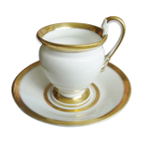 Tasse et soucoupe ancienne en porcelaine blanche et or XIXème avec poignée forme tête de cygne