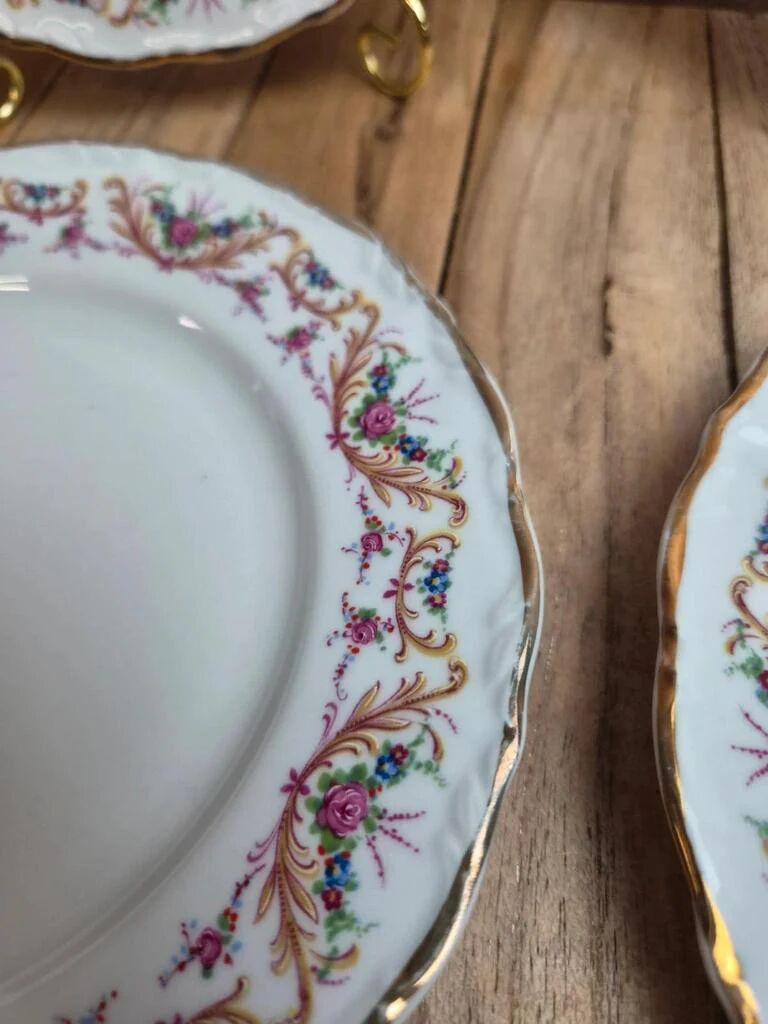 Set of 4 dessert plates French porcelain Digoin romantic floral gold decoration