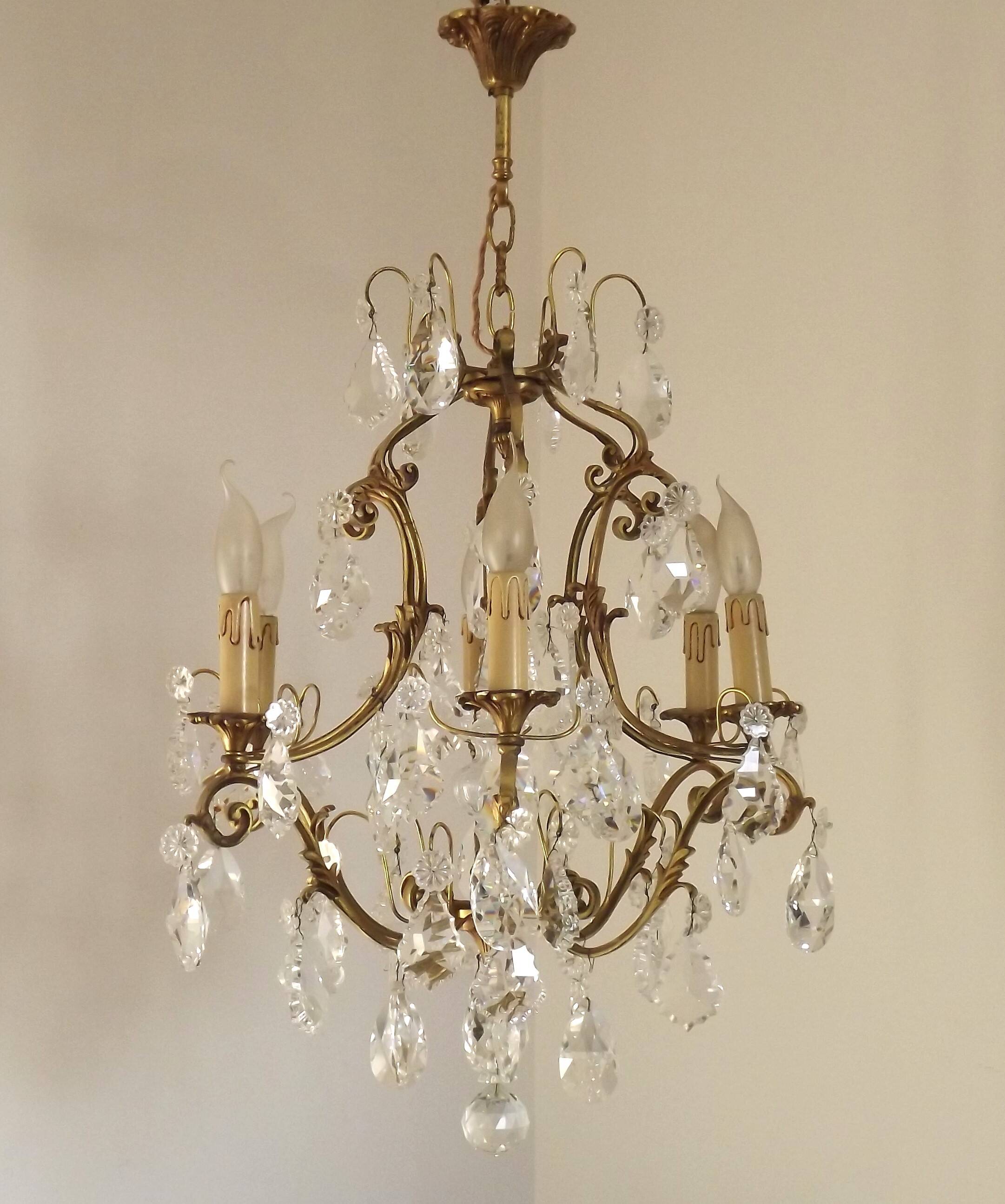 French Art Nouveau chandelier with 6 lights in bronze and crystal Acanthus 5552