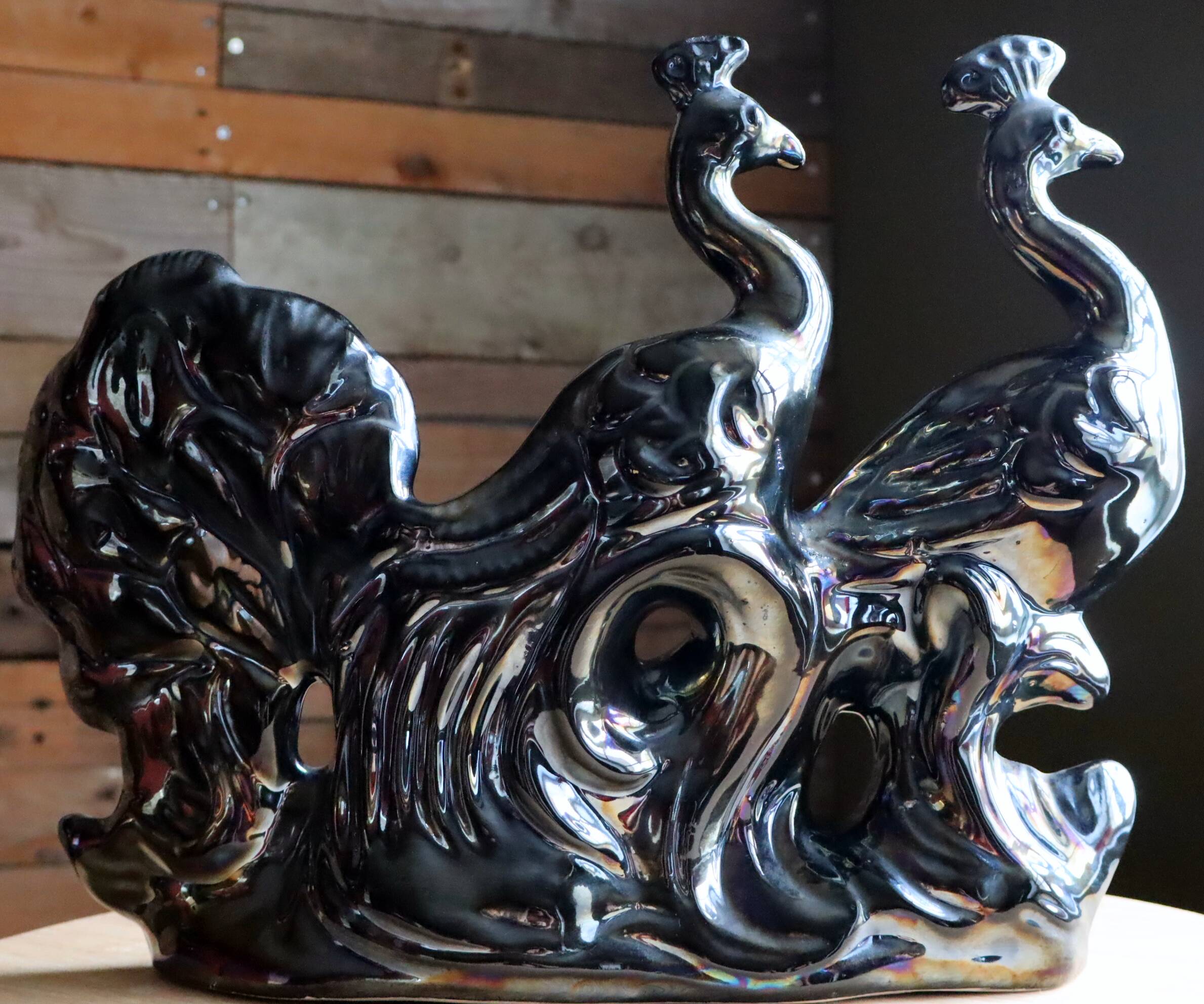 Large iridescent black ceramic peacock sculpture - 1970s