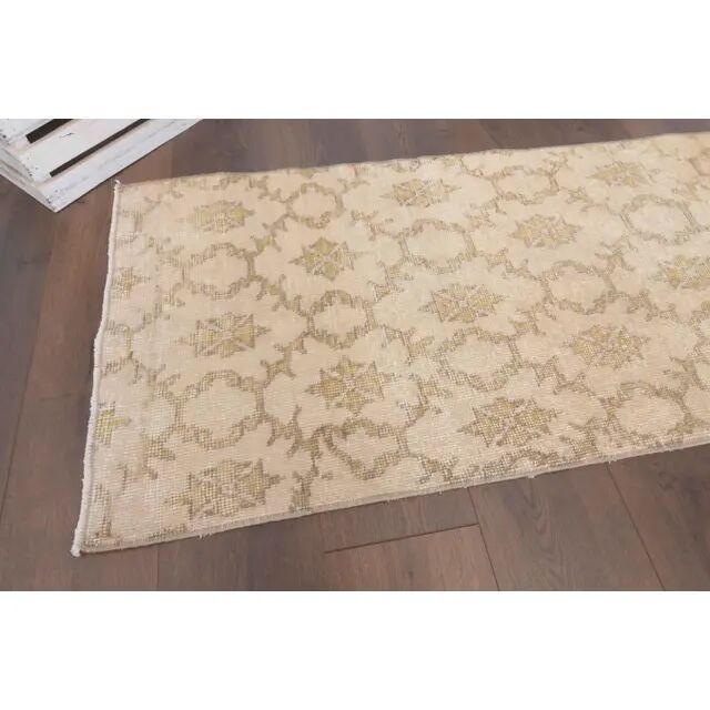 1970s vintage Turkish hand-knotted wool cotton beige runner rug 62x261