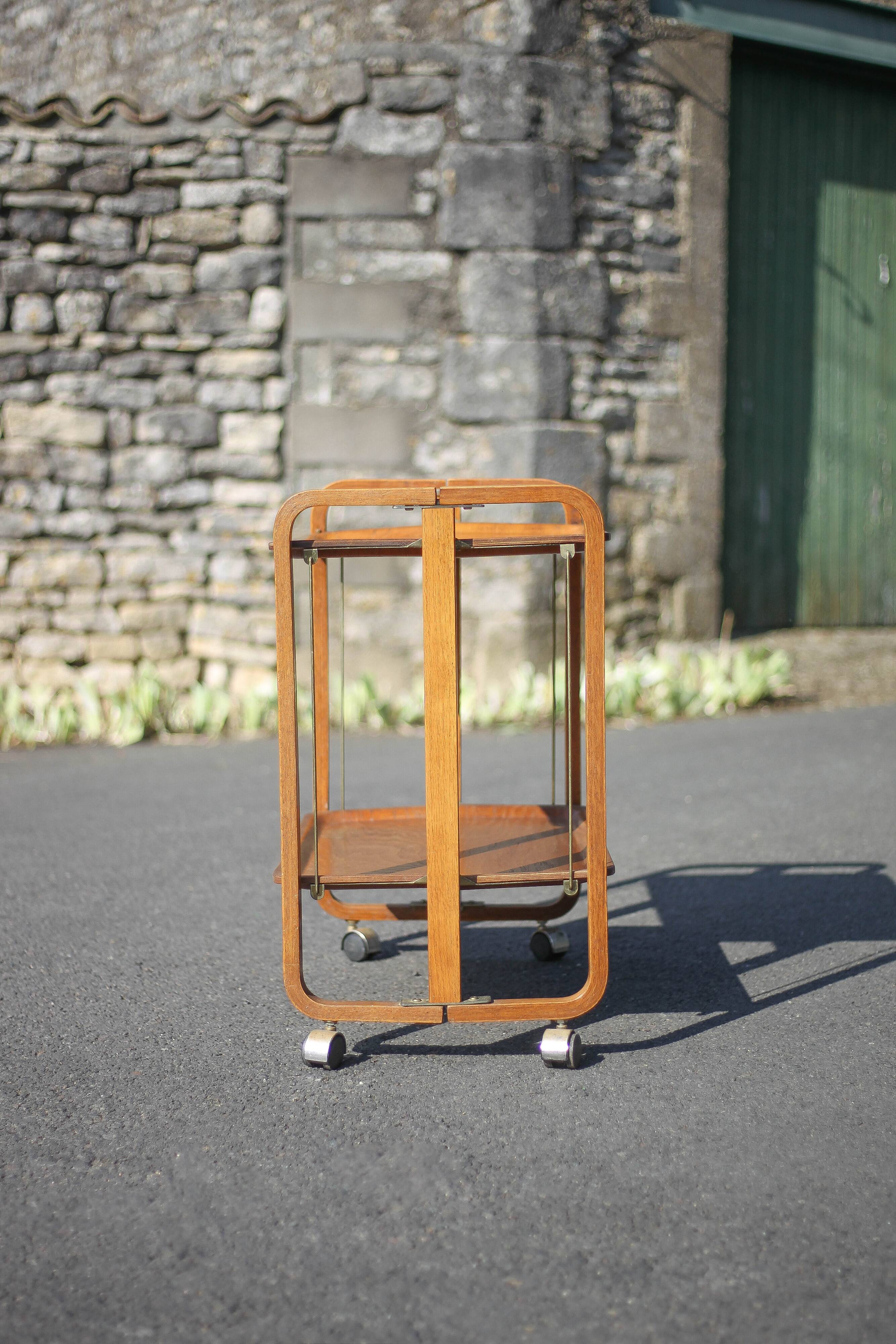 Vintage serving trolley, folding trolley, thermoformed wooden serving trolley
