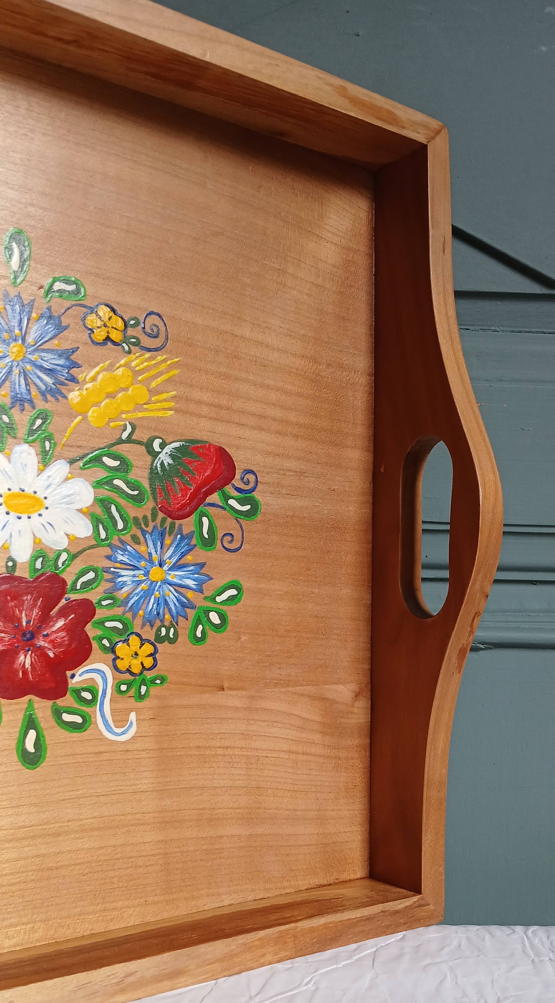 Hand-painted solid wood serving tray, folk art