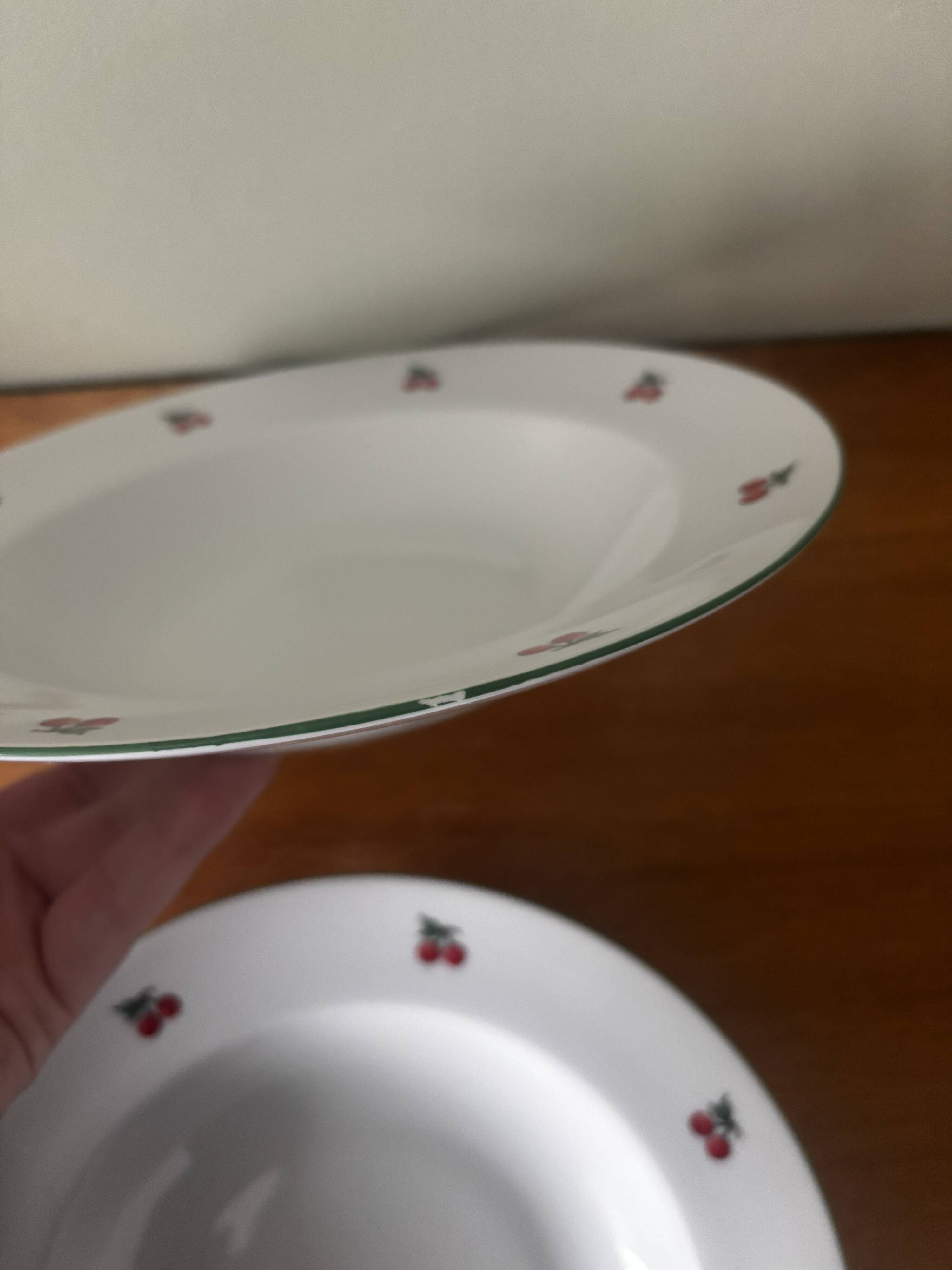 Set of 5 deep porcelain plates in cherry table colours.