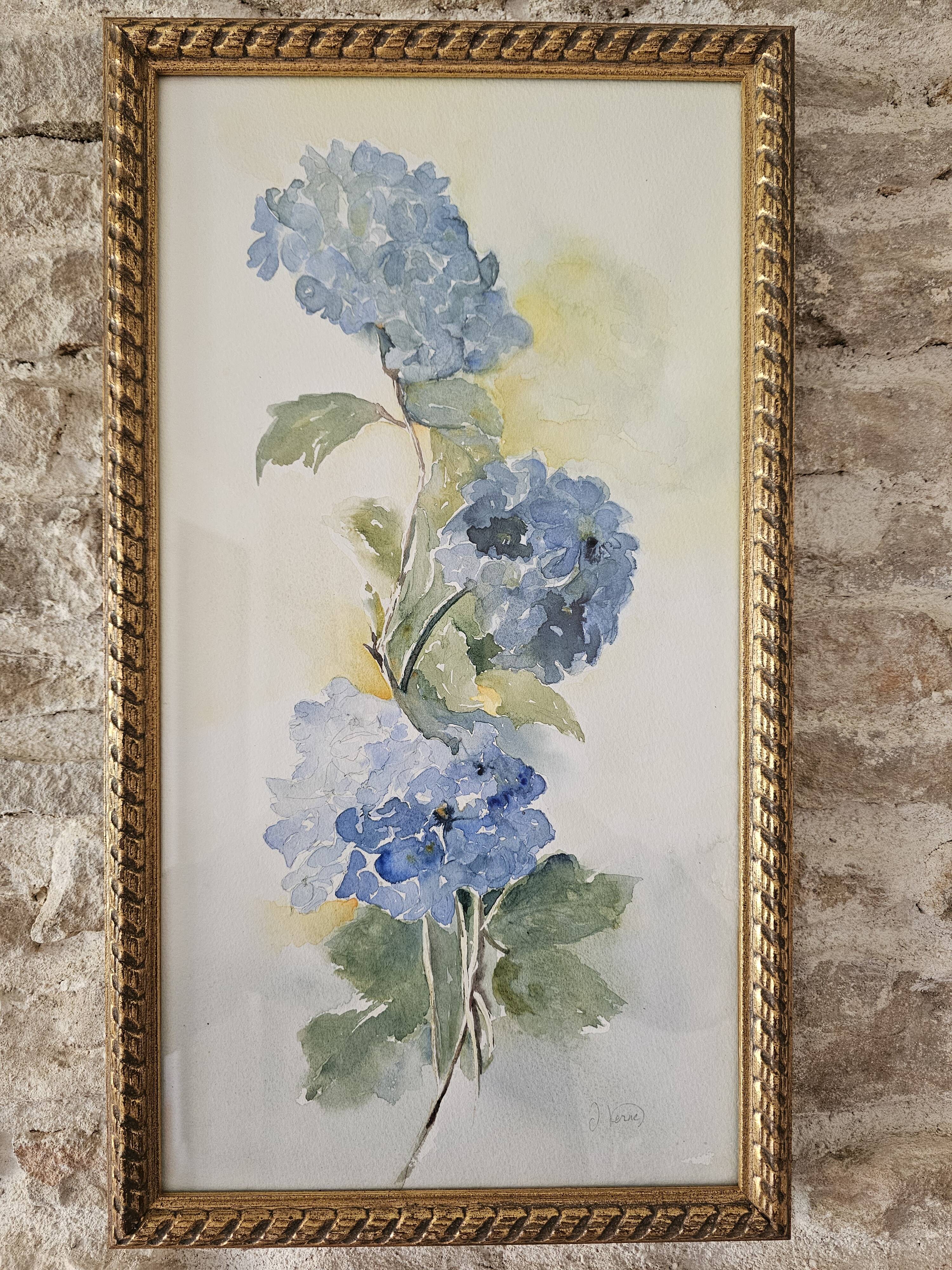 Tableau Aquarelle Fleurs Hortensia Signé J. Verne