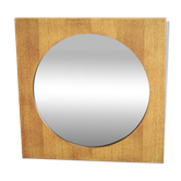 Vintage 1970s Czech Oak Veneer Square Mirror with Circular Glass