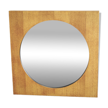 Vintage 1970s Czech Oak Veneer Square Mirror with Circular Glass