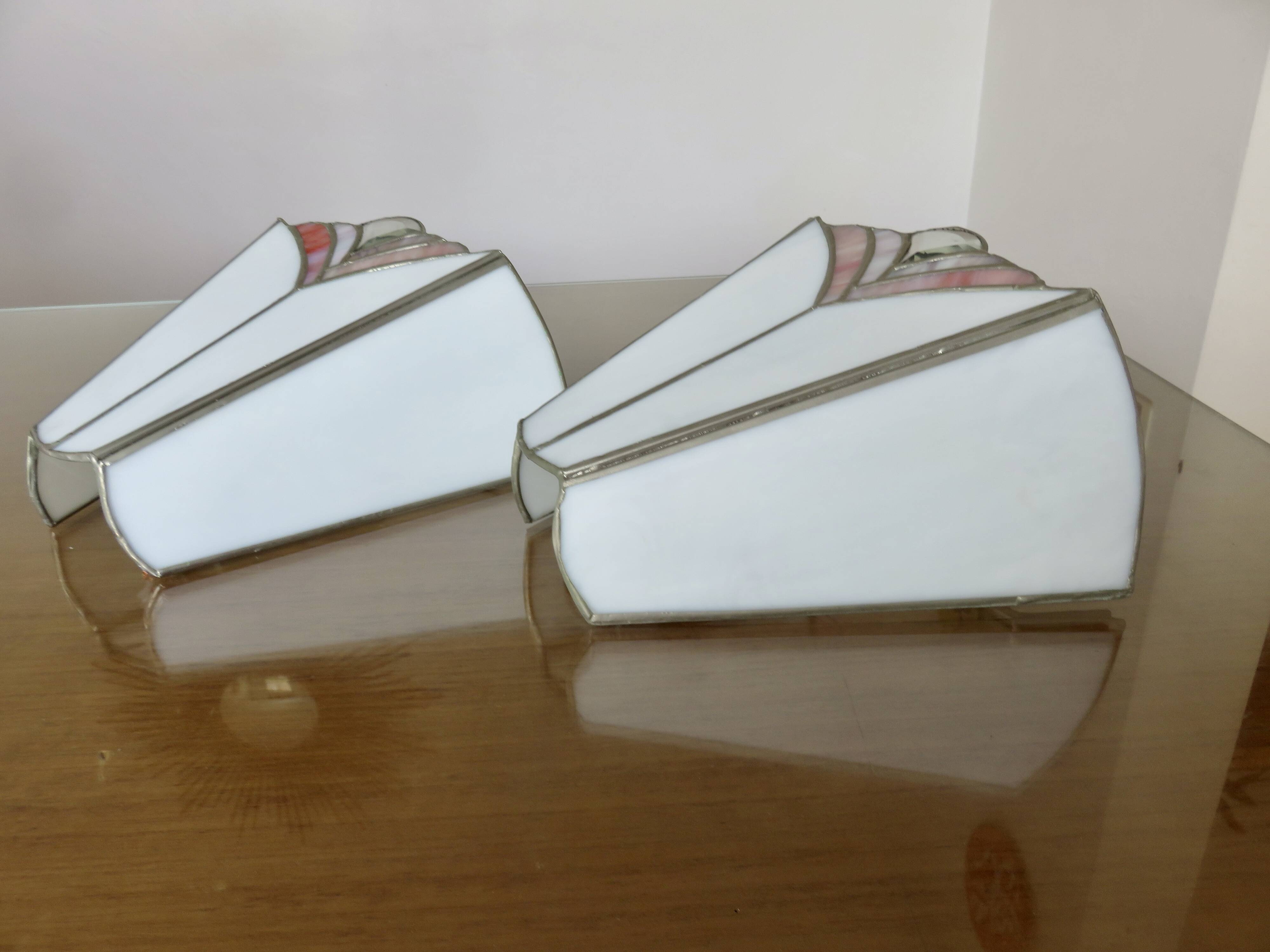 Pair of white and pink glass paste wall lights, Italy, Art Deco style