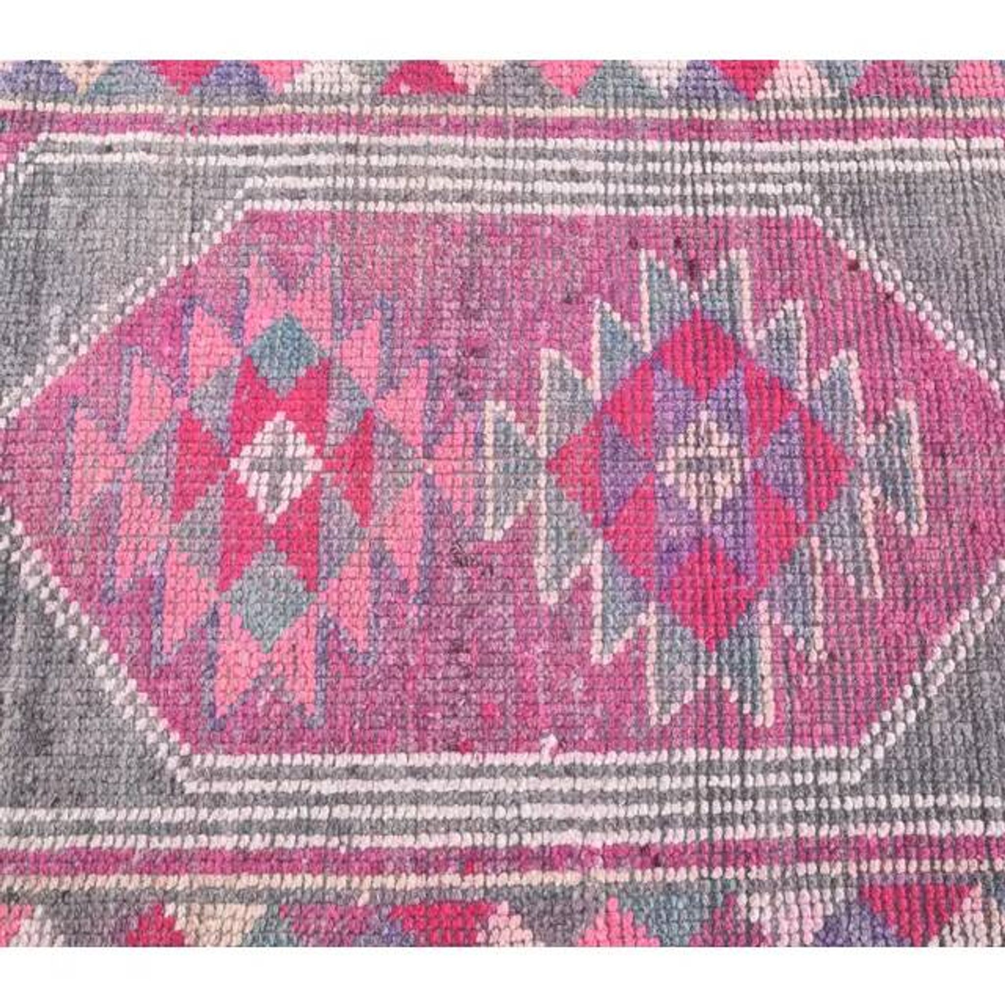 Pink-gray vintage Turkish hand-knotted tribal runner 79x390