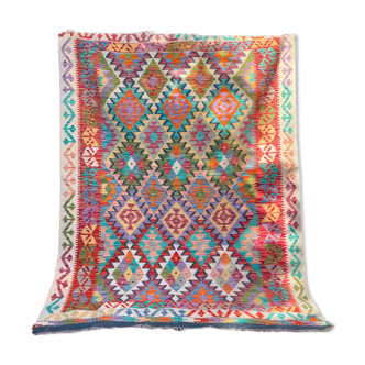 Colorful Afghan kilim rug multicolored geometric patterns handmade wool