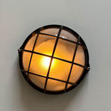 Vintage wall lamp, black metal and ridged glass, France 1980.