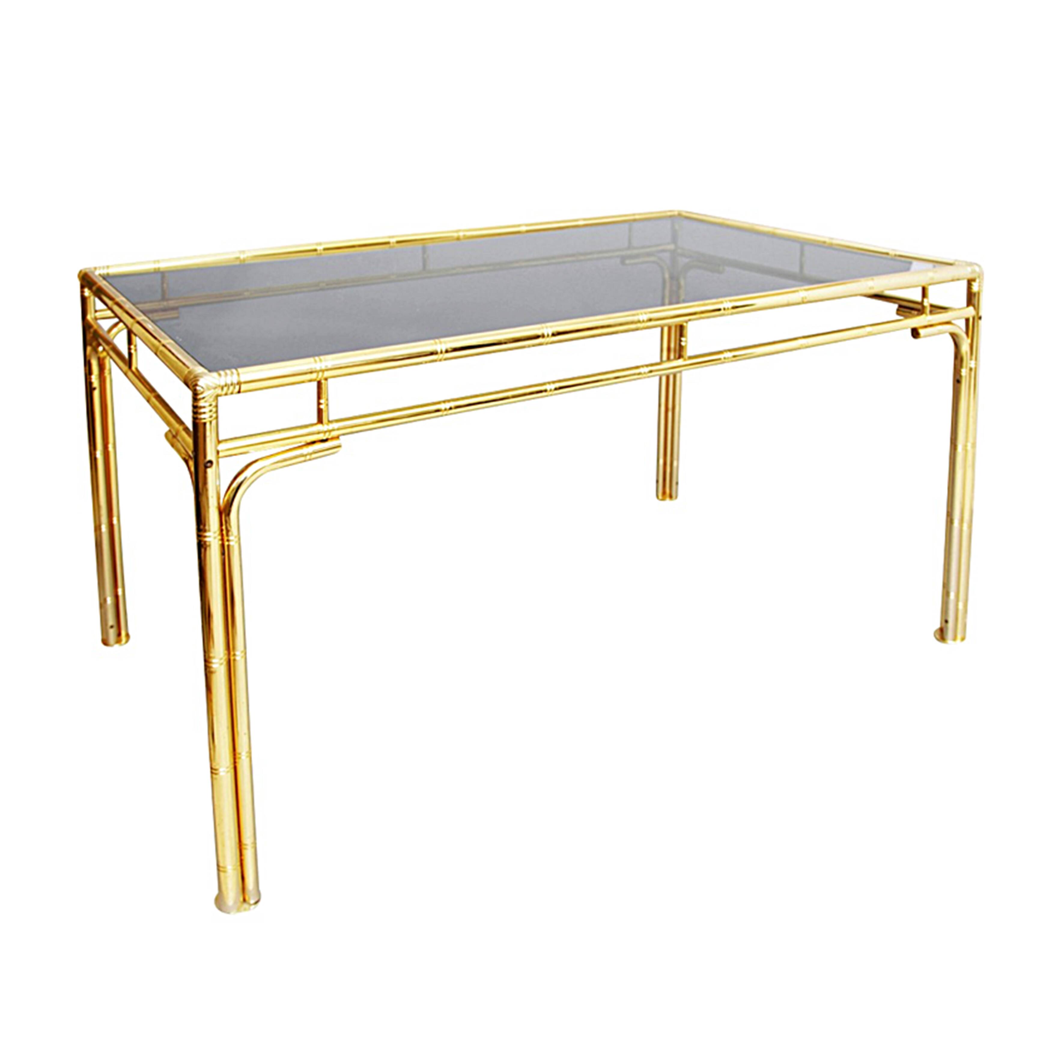 Brass Faux Bamboo Dining Table 1970s Hollywood Regency Glass Gold