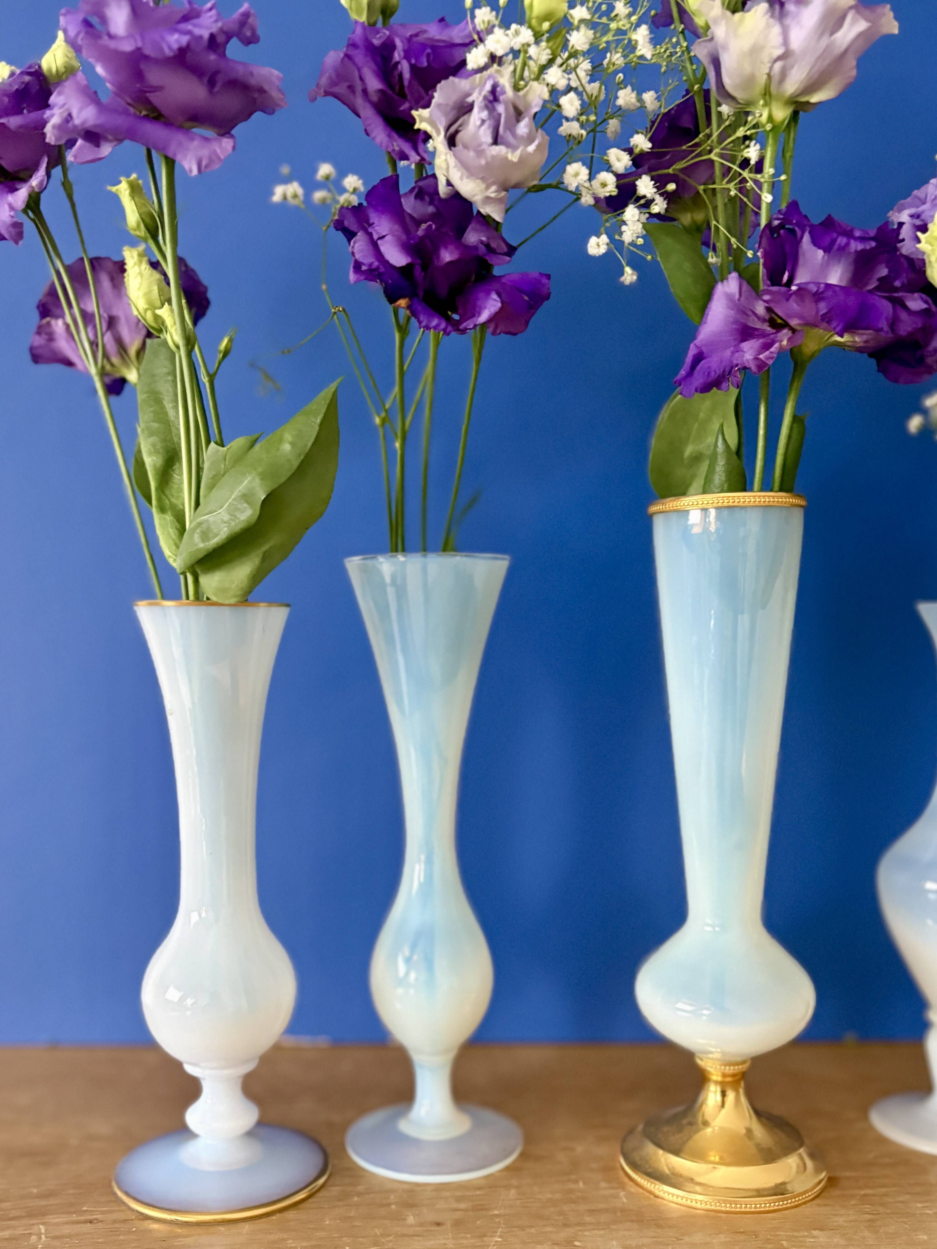 Set of 5 soliflores or antique vases in white opaline and brass.