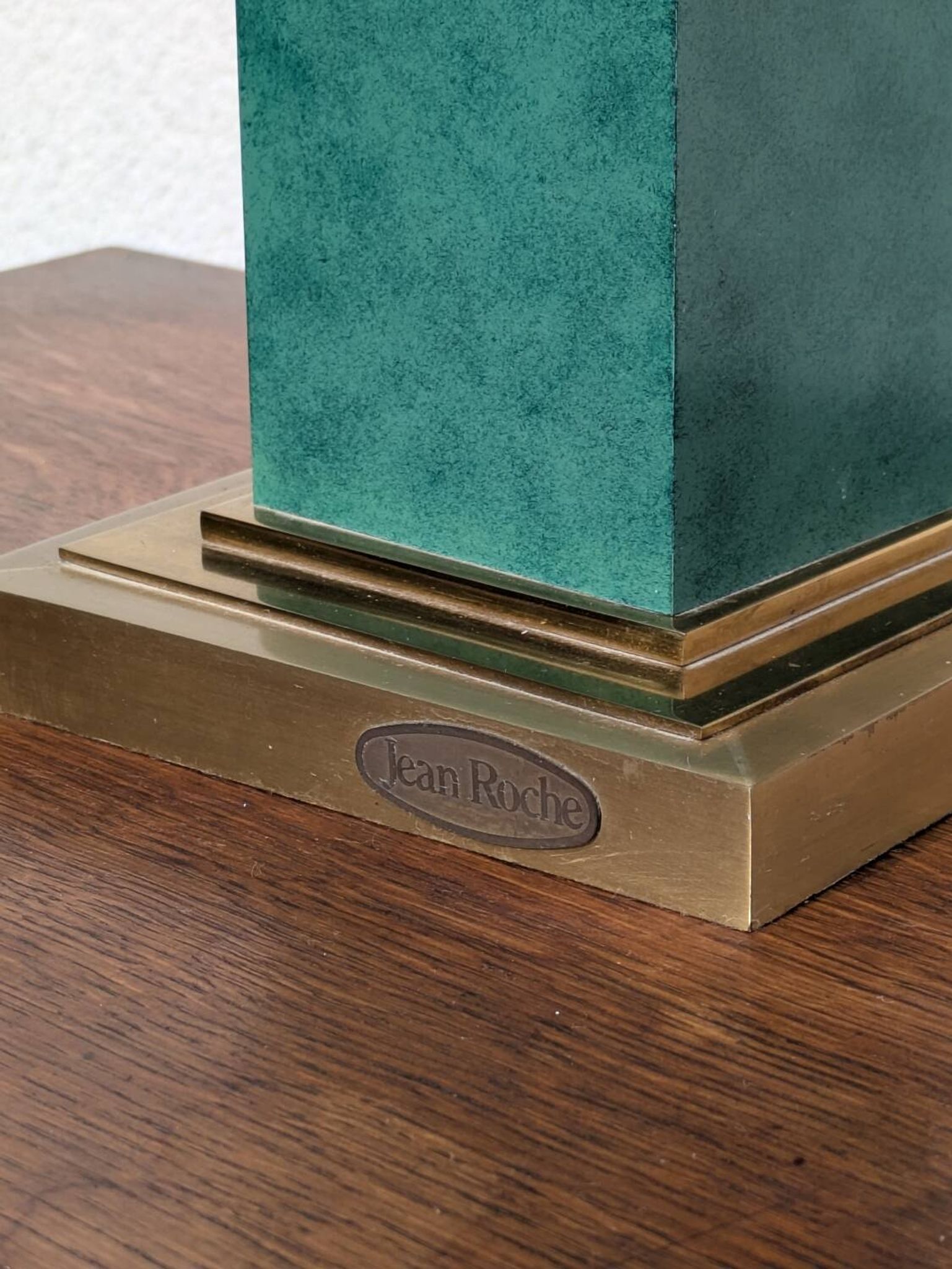 Pied de lampe vintage Jean Roche, 1980, laiton & vert