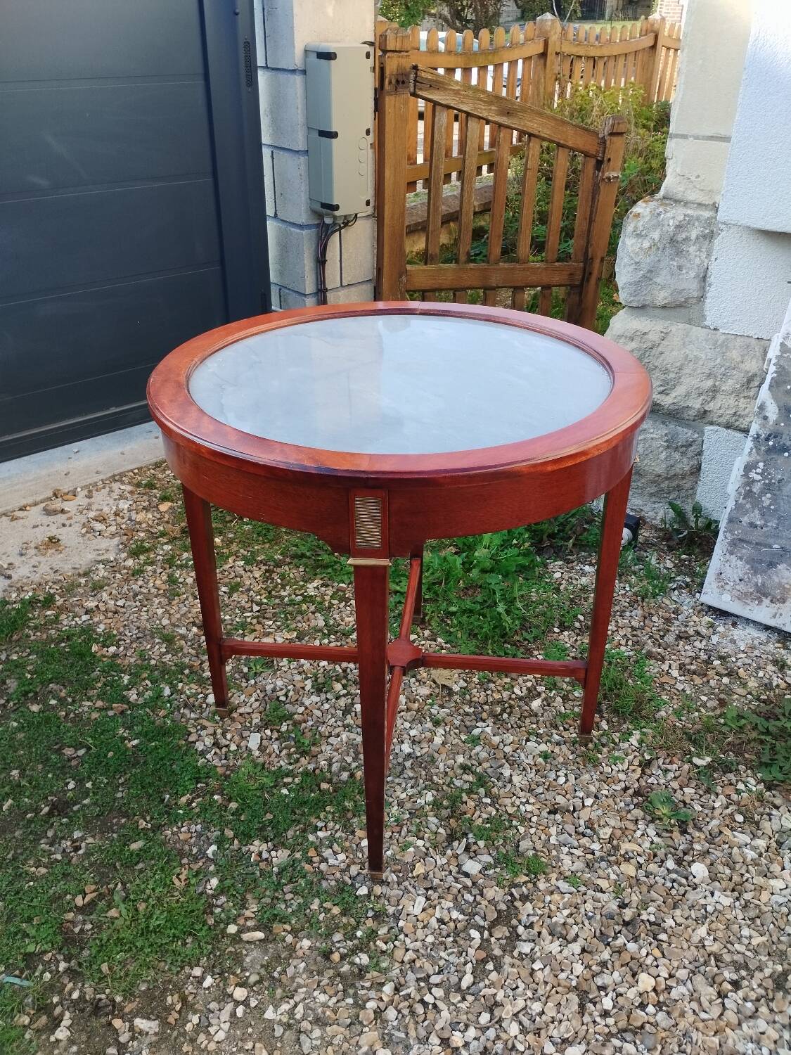 Antique Louis XVI style bouillotte table with marble top