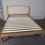 Shabby chic double bed in oak and linen 160 x 200