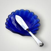 Vintage shell butter dish in stainless steel and cobalt blue glass with knife