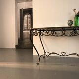 French Art Deco Wrought Iron Dining Table with Black Colored Glass, 1930s