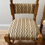 Pair of wooden chairs with herringbone fabric