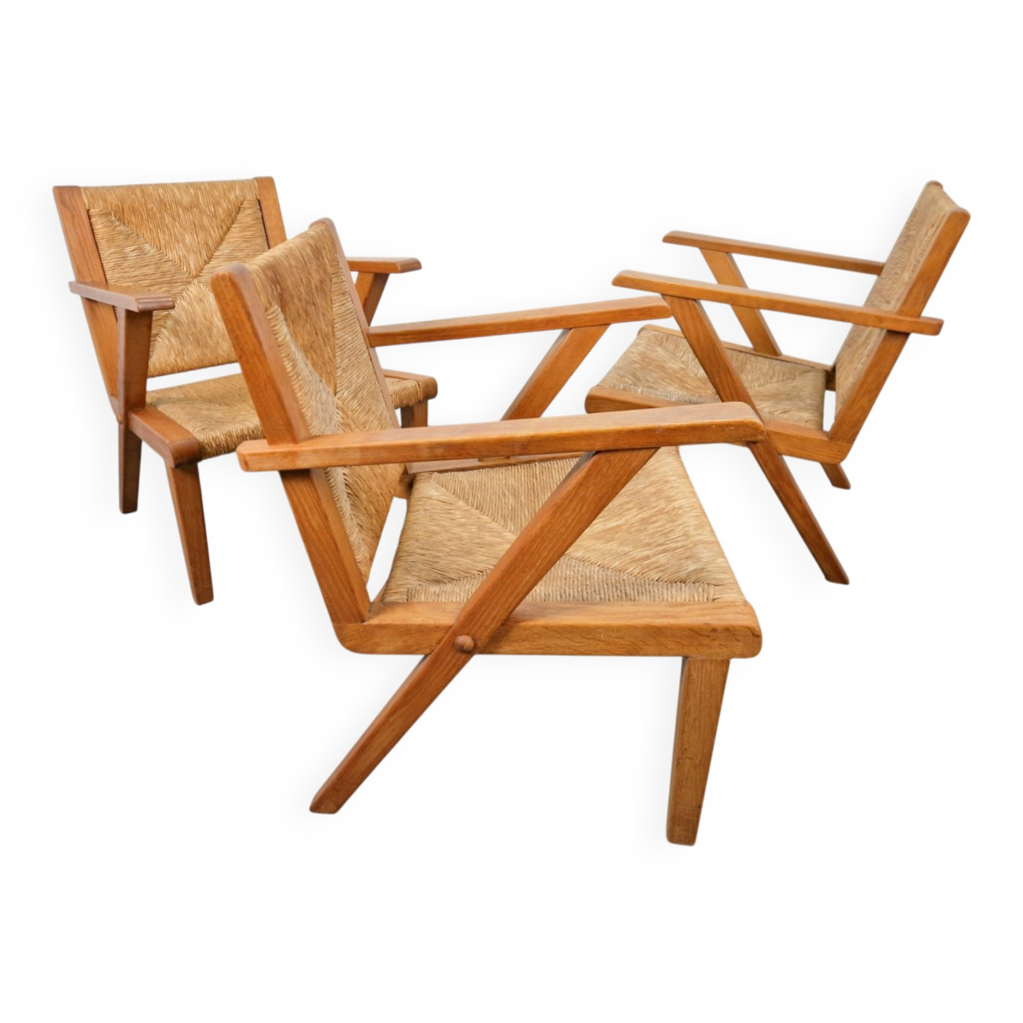 Chaises en bois brutalistes modernistes en paille, années 1940, ensemble de 3
