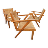 Chaises en bois brutalistes modernistes en paille, années 1940, ensemble de 3