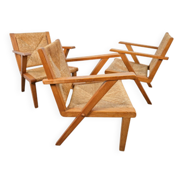 Chaises en bois brutalistes modernistes en paille, années 1940, ensemble de 3